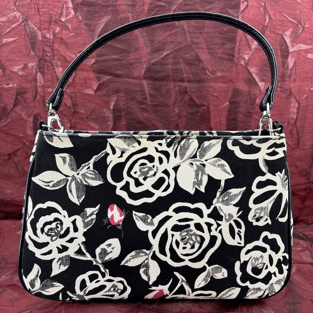 Vintage Lulu Guinness Black White Pink Rosebud Print Baguette Style Handbag EUC